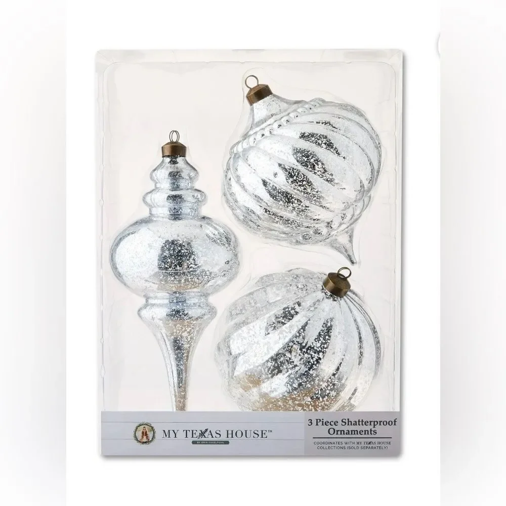 My Texas House Shatterproof Mercury Ornaments Silver 3 Count